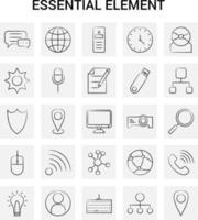 25 conjunto de iconos de elementos esenciales dibujados a mano fondo gris garabato vectorial vector