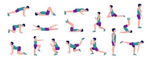 Workout Men set. Men doing fitness and yoga exercises. Lunges and squats, plank,Push Up,Mountain Climber, V-up,Bird Dog, Crunches and abc. Full body workout vector