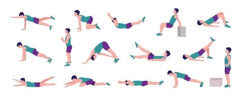 conjunto de hombres de entrenamiento. hombres haciendo ejercicios de fitness y yoga. estocadas y sentadillas, tablones, push up, alpinista, v-up, perro pájaro, abdominales y abc. entrenamiento de cuerpo completo vector