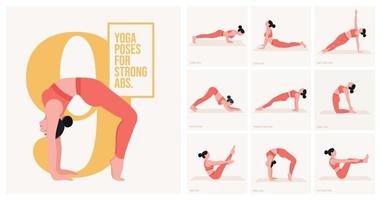 posturas de yoga para abdominales fuertes. mujer joven practicando pose de yoga. mujer entrenamiento fitness, aeróbicos y ejercicios. ilustración vectorial vector