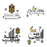 paquete moderno de 4 ilustraciones vectoriales de saludos deseos para el festival islámico eid al adha eid al fitr linterna de luna dorada con hermosas estrellas brillantes vector