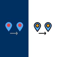 iconos de mapa de ubicación gps plano y conjunto de iconos llenos de línea vector fondo azul