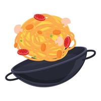 Wok frying pan icon, cartoon style vector