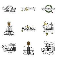 conjunto de 9 vectores eid mubarak feliz eid para ti en estilo de caligrafía árabe guión rizado con estrellas lámpara luna