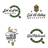 conjunto de 4 vectores eid mubarak feliz eid para ti en estilo de caligrafía árabe escritura rizada con estrellas lámpara luna