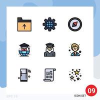 9 Thematic Vector Filledline Flat Colors and Editable Symbols of female woman symbol graduation cap Editable Vector Design Elements