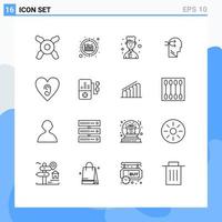 Universal Icon Symbols Group of 16 Modern Outlines of education music mental chang love ear Editable Vector Design Elements