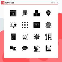 Mobile Interface Solid Glyph Set of 16 Pictograms of pin map storage location constructor Editable Vector Design Elements