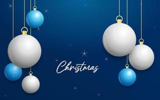 Christmas blue background with hanging shining white and Silver balls. Merry christmas greeting card vector