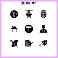 Set of 9 Modern UI Icons Symbols Signs for tenge chair education student headphone Editable Vector Design Elements