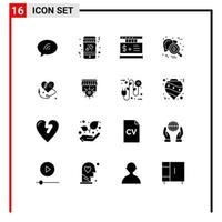 Group of 16 Modern Solid Glyphs Set for broken heart virus tag testing hepatitis Editable Vector Design Elements