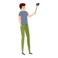 Man sightseeing selfie stick icon, cartoon style vector