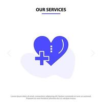 nuestros servicios corazón amor agregar más plantilla de tarjeta web de icono de glifo sólido vector