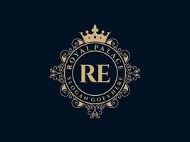 Letter RE Antique royal luxury victorian logo with ornamental frame. vector