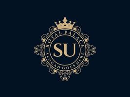 Letter SU Antique royal luxury victorian logo with ornamental frame. vector