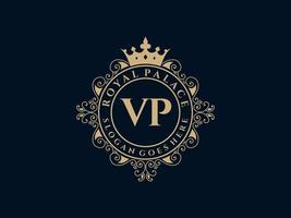 Letter VP Antique royal luxury victorian logo with ornamental frame. vector