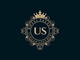 Letter US Antique royal luxury victorian logo with ornamental frame. vector