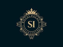 Letter SI Antique royal luxury victorian logo with ornamental frame. vector