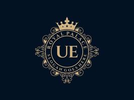 Letter UE Antique royal luxury victorian logo with ornamental frame. vector