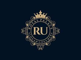 Letter RU Antique royal luxury victorian logo with ornamental frame. vector