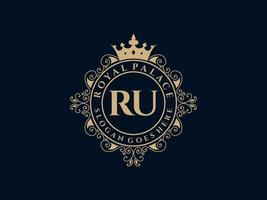 letra ru antiguo logotipo victoriano real de lujo con marco ornamental. vector