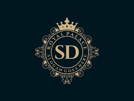 Letter SD Antique royal luxury victorian logo with ornamental frame. vector