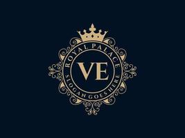 Letter VE Antique royal luxury victorian logo with ornamental frame. vector