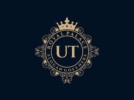 Letter UT Antique royal luxury victorian logo with ornamental frame. vector