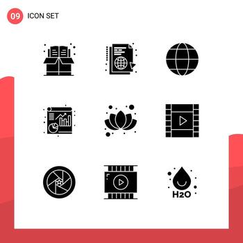 9 conjunto de glifos sólidos universales para aplicaciones web y móviles informe de flores archivo de sincronización globo elementos de diseño vectorial editables vector