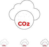 aire, dióxido de carbono, co2, contaminación, negrita, y, delgado, línea negra, icono, conjunto vector