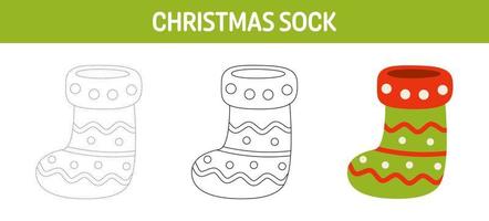 Christmas Sock tracing and coloring worksheet for kids vector