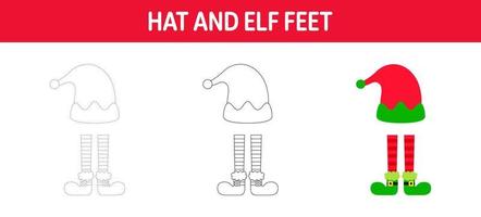 Hat And Elf Feet tracing and coloring worksheet for kids vector