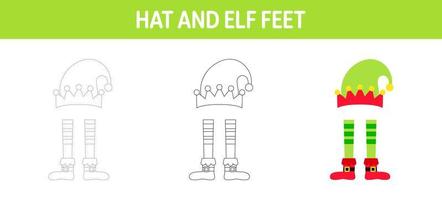 Hat And Elf Feet tracing and coloring worksheet for kids vector