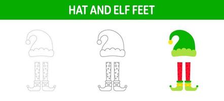 Hat And Elf Feet tracing and coloring worksheet for kids vector