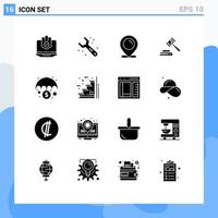 16 Thematic Vector Solid Glyphs and Editable Symbols of law court plumbing shopping map Editable Vector Design Elements