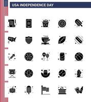 feliz día de la independencia paquete de ee.uu. de 25 glifos sólidos creativos del mapa comida americana signo de crema editable día de ee.uu. elementos de diseño vectorial vector