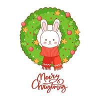 The year 2023 the year of the rabbit greeting symbol with a cartoonish rabbit and christmas wreath vector