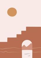 Minimalistic landscape in flat style with arc, river, mountains, sun. Perfect for wall art in the style of mid century modern vector