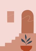 Minimalistic landscape in hand drawn flat style with staircase, vase, leaves. Perfect for wall art in the style of mid century modern vector