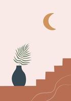 Organic minimalistic landscape in hand drawn flat style with staircase, vase, leaves, moon. Perfect for wall art in the style of mid century modern vector