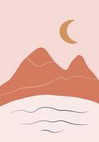 Minimalistic landscape of desert with   hills and sun. Illustration in flat style. Perfect for wall art in the style of mid century modern vector