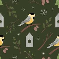 Seamless pattern with titmouse bird, branches, snowflakes on a dark green background. Botanical winter vector illustration in cozy hand drawn style. Perfect for wrapping paper, wallpaper, fabric