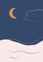 paisaje minimalista nocturno con mar, nubes y luna. ilustración en estilo plano. perfecto para el arte de la pared al estilo de mediados de siglo moderno vector