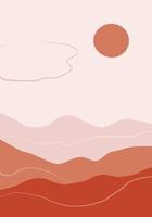 Minimalistic landscape of desert with   hills and sun. Illustration in flat style. Perfect for wall art in the style of mid century modern vector