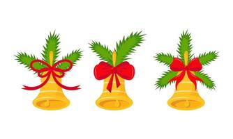 Set of golden Christmas bells with branches of a Christmas tree and a red bow. Vector illustration.