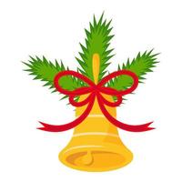 Golden Christmas bell with branches of a Christmas tree and a red bow. Vector illustration.