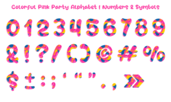 bunter rosa Party-Alphabet-Satz aus Buchstaben, Zahlen und Symbolen. png