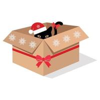 Illustration of a black cat in a festive box with a red ribbon vector