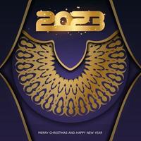Happy New Year 2023 holiday poster. Blue and gold color. vector