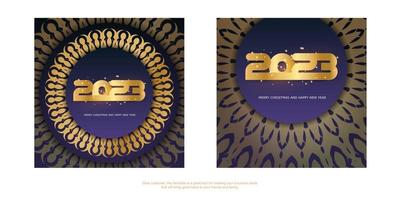 Tarjeta de felicitación de feliz año nuevo 2023. patrón dorado en azul. vector